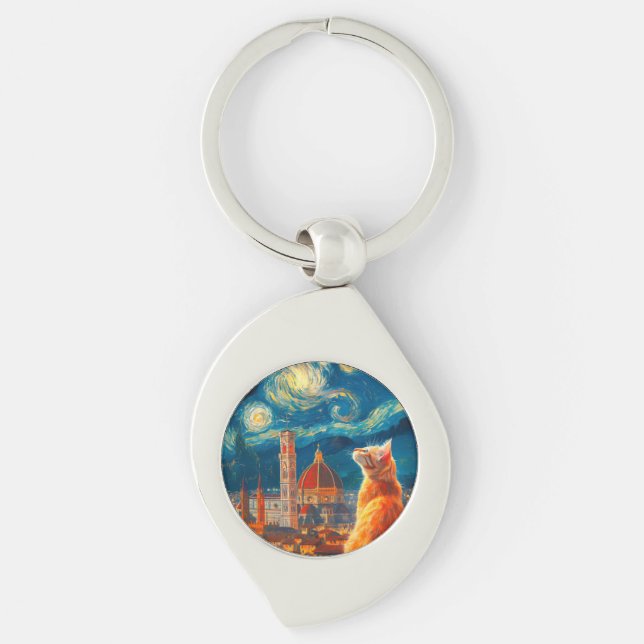 Starry Night Over Florence | Ginger Cat Art Key Ring (Front)