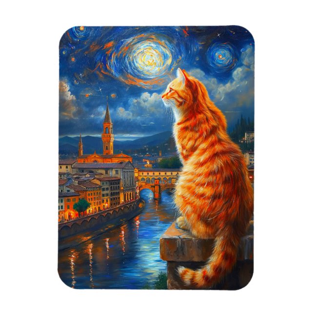 Starry Night Over Florence | Ginger Cat Art Magnet (Vertical)