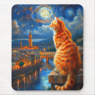Starry Night Over Florence Ginger Cat Art Mouse Pad