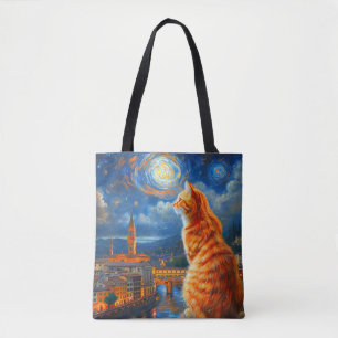 Starry Night Over Florence Ginger Cat Art Tote Bag