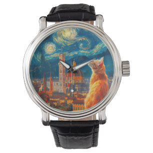 Starry Night Over Florence Ginger Cat Art Watch