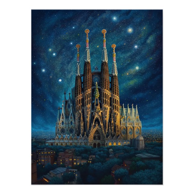 Starry Night Over Sagrada Familia Barcelona Poster (Front)
