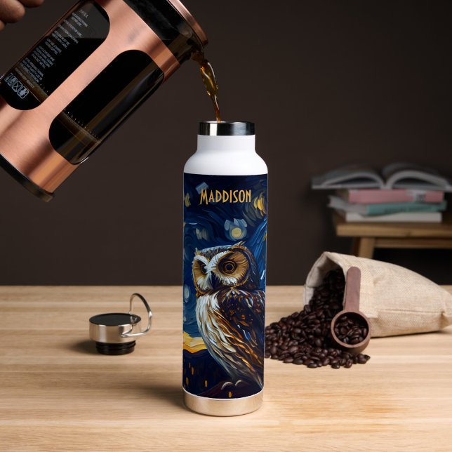 Starry Night Owl Water Bottle (Coffee (Rotated))