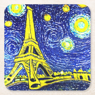 Starry Night Paris France Square Paper Coaster