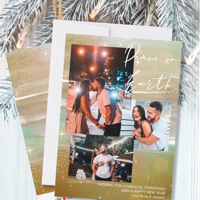 Starry Night Peace on Earth 3 Photo Collage Gold Holiday Card (Creator Uploaded)