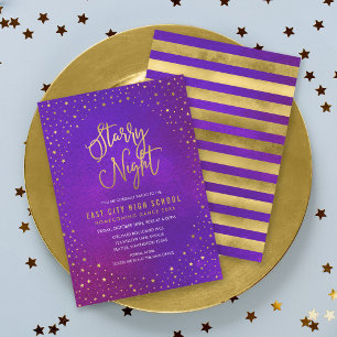Starry Night Purp Watercolor Faux Gold Scool Dance Invitation