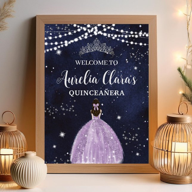 Starry Night Purple Lilac Dress Silver Quinceañera Poster (starry-night-silver-fairy-lights-purple-lilac-dress-princess-girl-quinceanera-sweet-16-birthday-sign)
