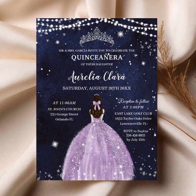 Starry Night Purple Lilac Quinceañera Invitation (starry-night-under-the-stars-purple-lilac-dress-silver-quinceanera-sweet-16-invitation-magnetic-card)