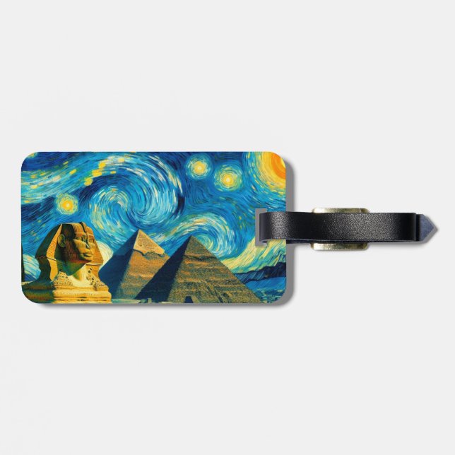Starry Night Pyramids Sphinx Egypt Luggage Tag (Back Horizontal)