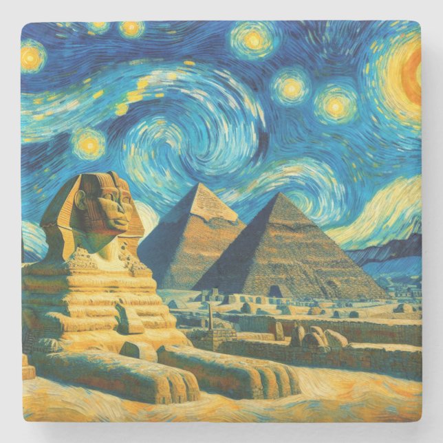 Starry Night Pyramids Sphinx Egypt Stone Coaster (Front)