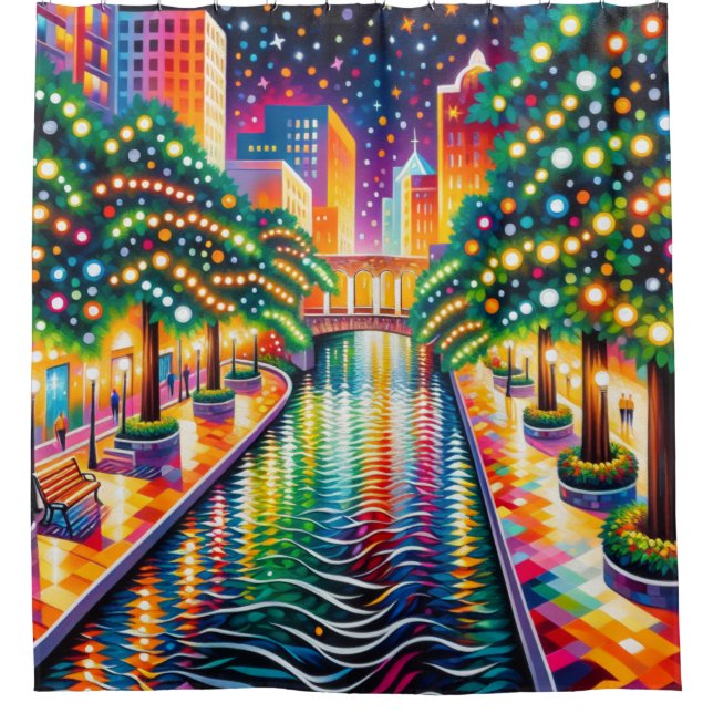 "Starry Night Riverwalk Celebration: San Antonio" Shower Curtain (Front)