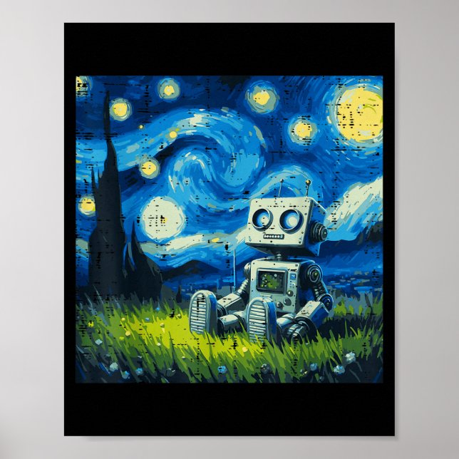 Starry Night Robot Funny Painting Art Meme Kids Me Poster (Front)