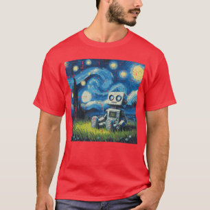 Starry Night Robot Funny Painting Art Meme Men Wom T-Shirt