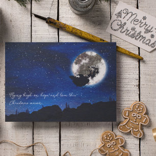 Starry Night Santa Claus Flying With Reindeer Holiday Card