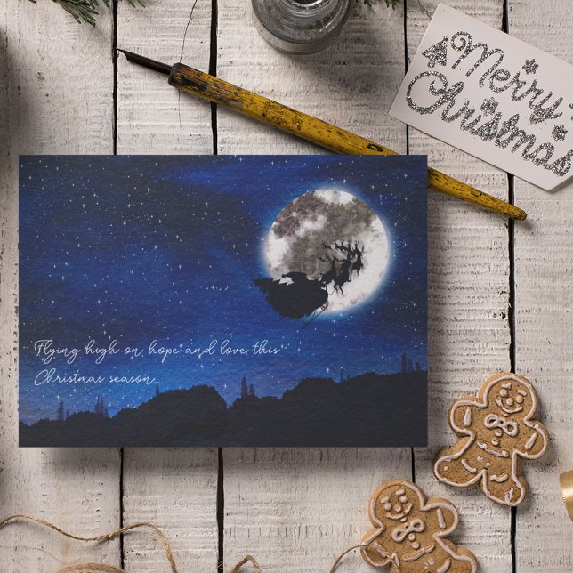 Starry Night Santa Claus Flying With Reindeer Holiday Card (Front)
