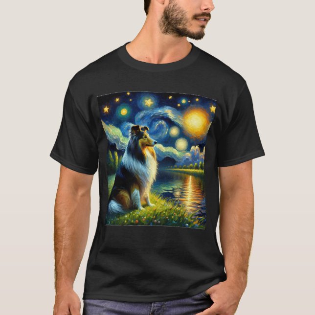 Starry Night Sheltie Dog Van Gogh Lover T-Shirt (Front)