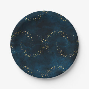 Starry Night Sky Dark Blue Golden Stars Spiral Paper Plate