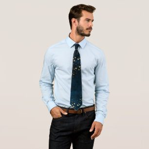 Starry Night Sky Dark Blue Golden Stars Spiral Tie