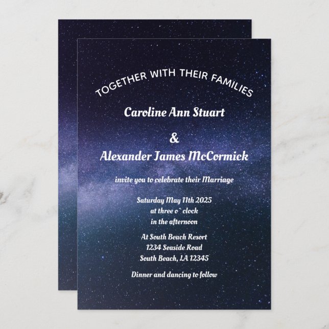 Starry Night Sky Galaxy Stars Modern Wedding Invitation (Front/Back)