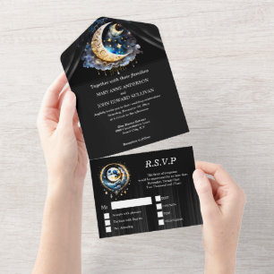 Starry night sky luna moon celestial black blue  all in one invitation