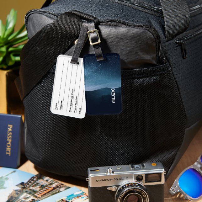 Starry Night Sky Over Mountain Range Luggage Tag (Front & Back)
