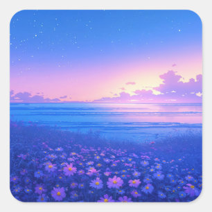 Starry Night Sky over Purple Wildflower Meadow Square Sticker