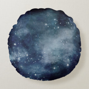 Starry Night Sky Stars Universe Midnight Blue Mist Round Cushion