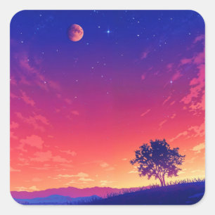 Starry Night Sky with Red Moon and Tree Silhouette Square Sticker
