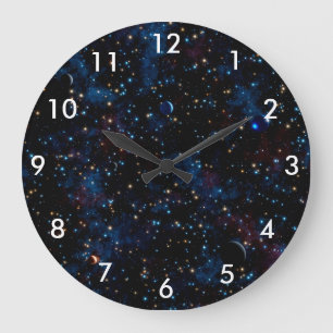 Starry night sky with stars and planets large clock