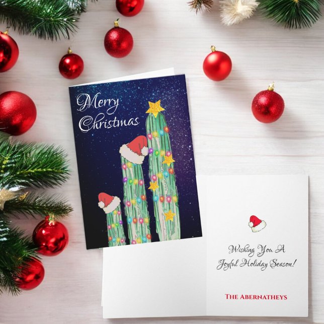 Starry Night Southwest Cactus Custom  Holiday Card (Christmas folding greeting card cover and inside template text)