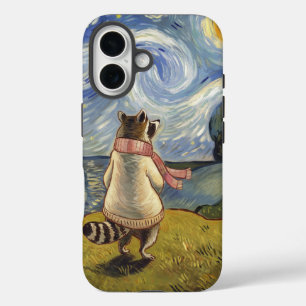 Starry Night Stroll  – Cozy Raccoon Art iPhone 16 Case
