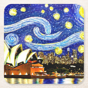 Starry Night Sydney Australia Opera House Square Paper Coaster