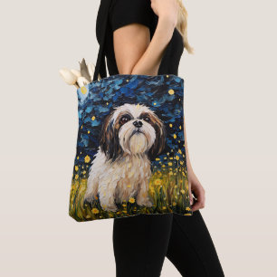 STARRY NIGHT THEMED LHASA APSO DOG TOTE BAG