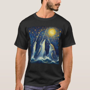 Starry Night Three Narwhals Howling at Moon T-Shirt