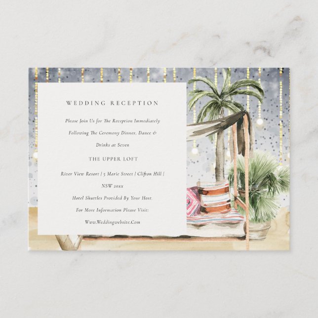 Starry Night Tropic Palm Cabana Wedding Reception Enclosure Card (Front)