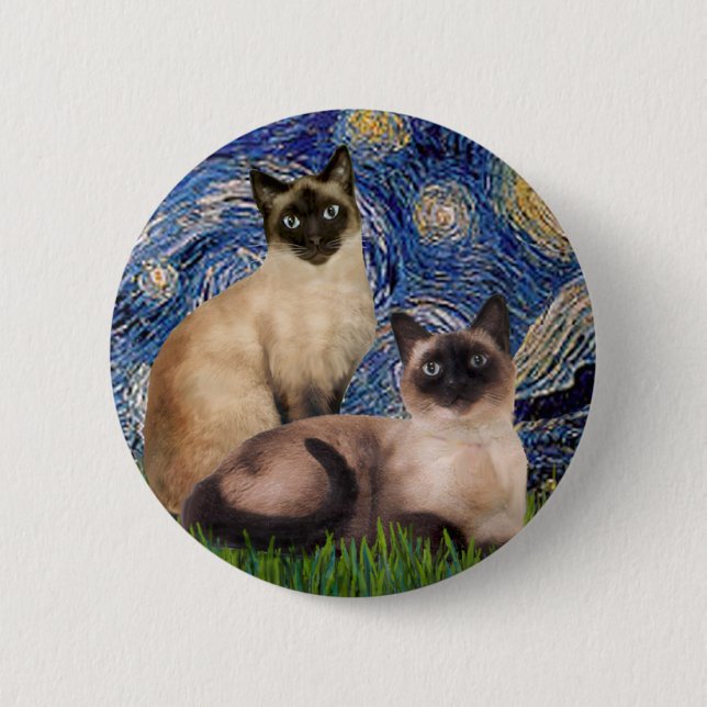 Starry Night - Two Siamese cats (Choc Pt) 6 Cm Round Badge (Front)