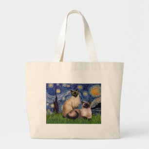 Starry Night - Two Siamese cats (Choc Pt) Large Tote Bag
