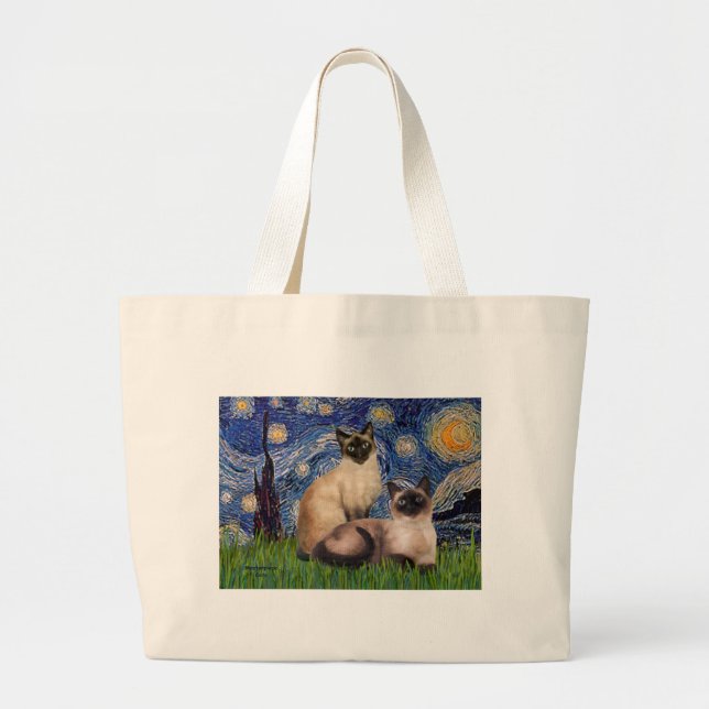 Starry Night - Two Siamese cats (Choc Pt) Large Tote Bag (Front)