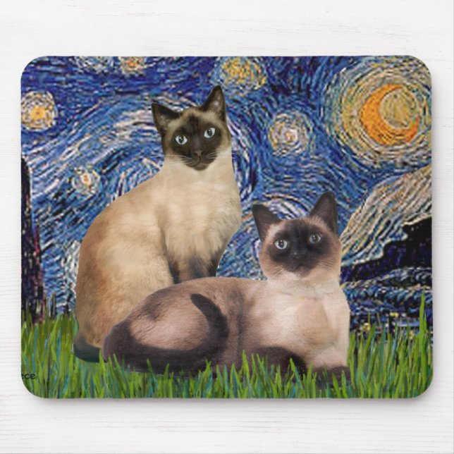 Starry Night - Two Siamese cats (Choc Pt) Mouse Pad (Front)