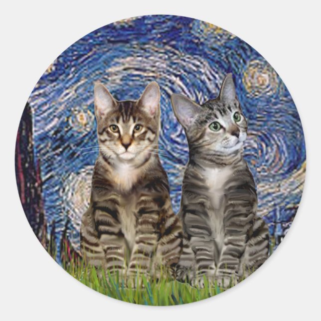 Starry Night - Two Tabby Tiger Cats Classic Round Sticker (Front)