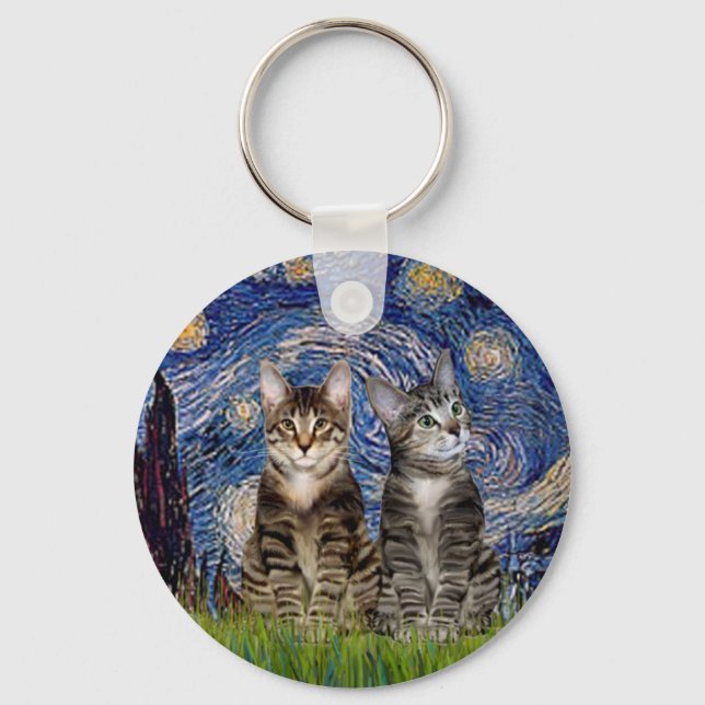 Starry Night - Two Tabby Tiger Cats Key Ring (Front)