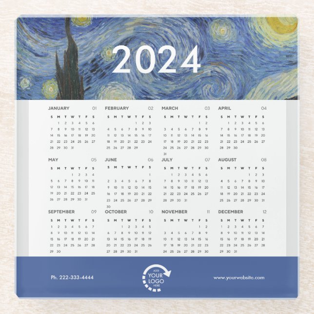 Starry Night Van Gogh Business Logo 2024 Calendar Glass Coaster (Front)