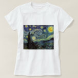 Starry Night - van Gogh T-Shirt<br><div class="desc">From the miner's lamp of Nuenen to the one he placed on his window-sill following the scene with Gauguin; from the evening star he noted in 1875 in Corot Olive Orchard to the letter he wrote to his brother in August 1888, in which he said: "Some day or other you...</div>