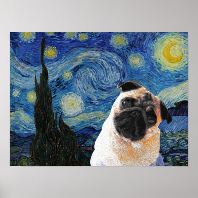Starry Night Vincent Van Gogh Cute Pug Dog Poster (Front)