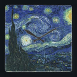 Starry Night Vincent van Gogh Fine Art Painting Square Wall Clock<br><div class="desc">Vincent van Gogh (Dutch, 1853 - 1890) Starry Night, 1889, Oil on canvas Unframed: 73 × 92 cm (28.7 × 36.2 in) This painting depicts the view from the east facing window of Van Gogh's asylum room at Saint-Rémy-de-Provence, he added an idealised village. It has been in the permanent collection...</div>