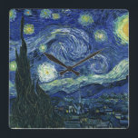 Starry Night Vincent van Gogh Fine Art Painting Square Wall Clock<br><div class="desc">Vincent van Gogh (Dutch, 1853 - 1890) Starry Night, 1889, Oil on canvas Unframed: 73 × 92 cm (28.7 × 36.2 in) This painting depicts the view from the east facing window of Van Gogh's asylum room at Saint-Rémy-de-Provence, he added an idealised village. It has been in the permanent collection...</div>