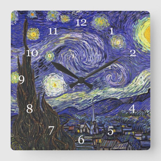 Starry Night, Vincent Van Gogh. Square Wall Clock (Front)