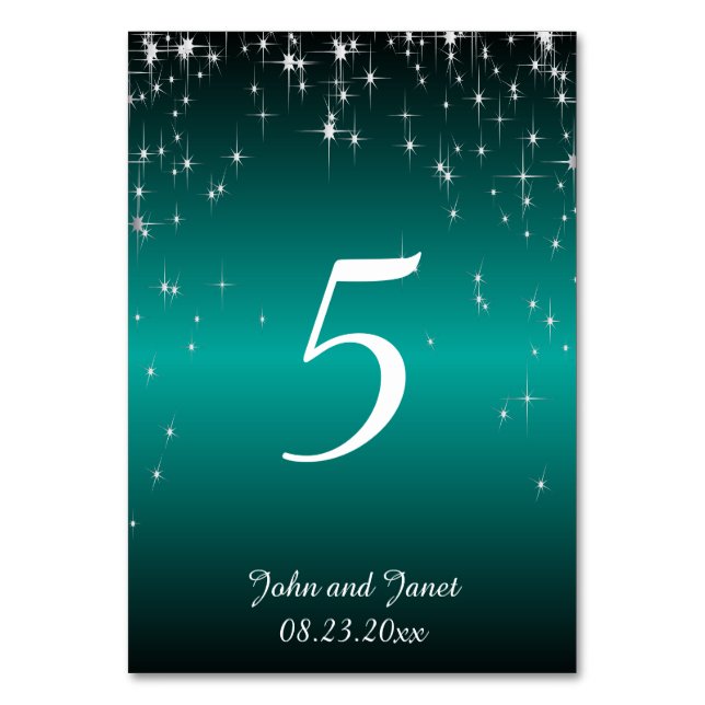Starry Night Wedding in Colour | Metallic Teal Table Number (Front)