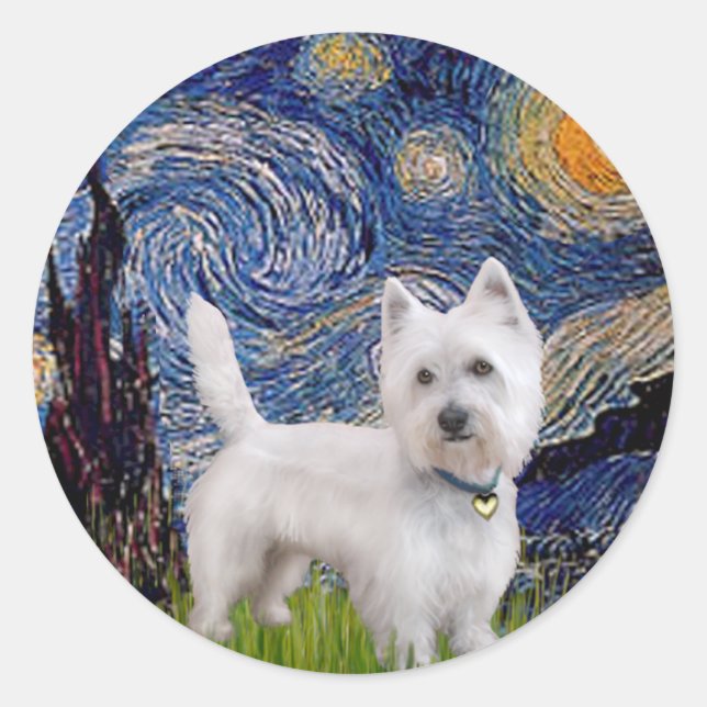 Starry Night - Westie 10 (L) Classic Round Sticker (Front)