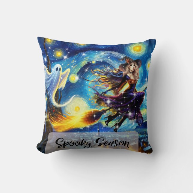 Starry Night Witchy Halloween Design Cushion (Front)